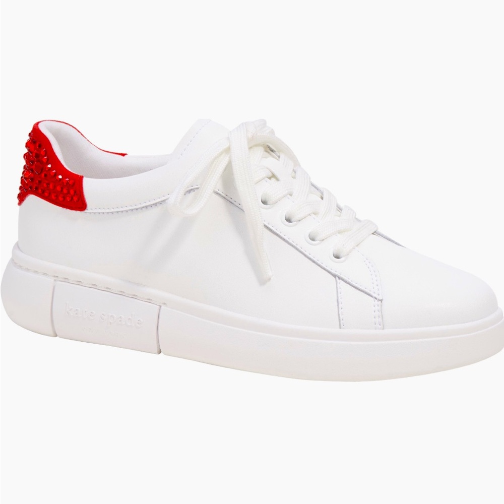 Kate Spade white nappa leather Lift Sneakers in true white / sour cherry.
